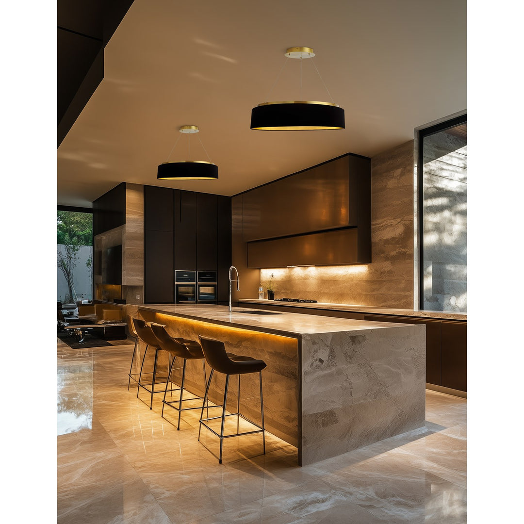 34W Chandelier, Aged Brass W/ Black Shade