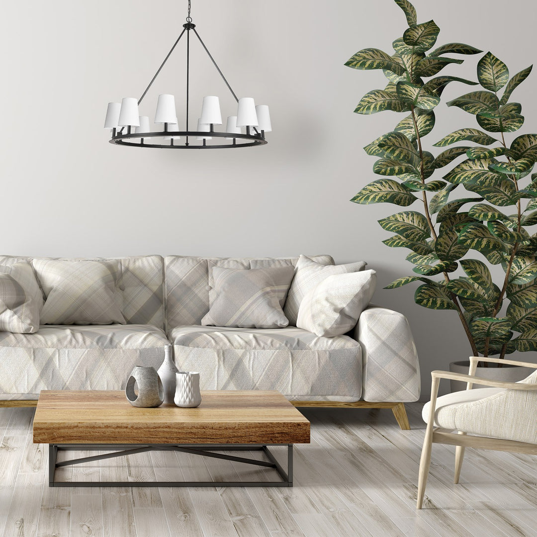 12 Light Incandescent Chandelier, Matte Black With White Shades
