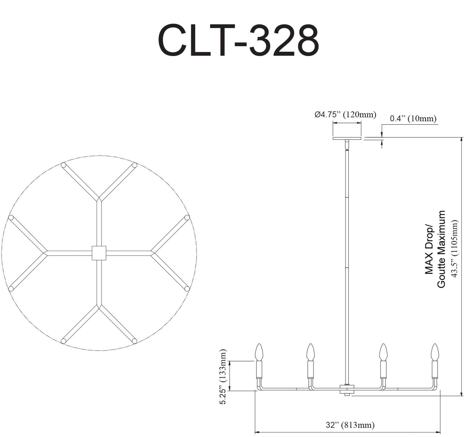6 Light Incandescent Chandelier, Matte Black