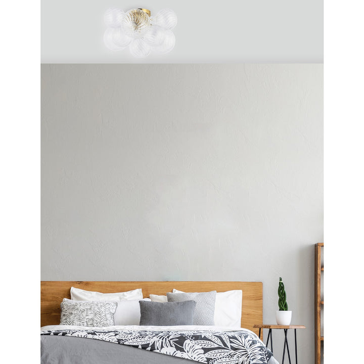 3 Light Flush Mount, Aged Brass W/ Clear Spiral Glass