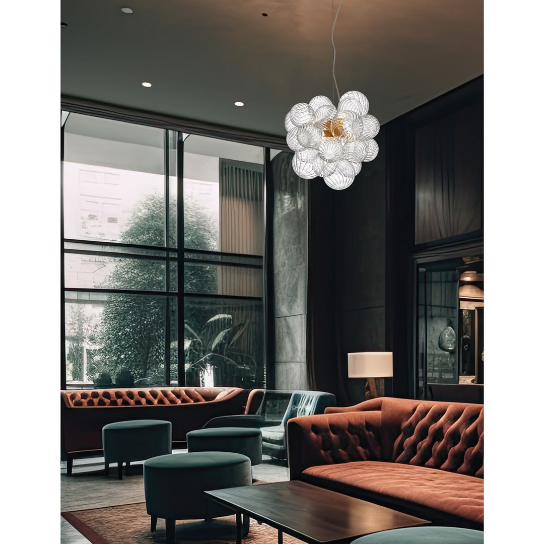 6 Light Halogen Pendant Aged Brass With Clear Spiral Glass