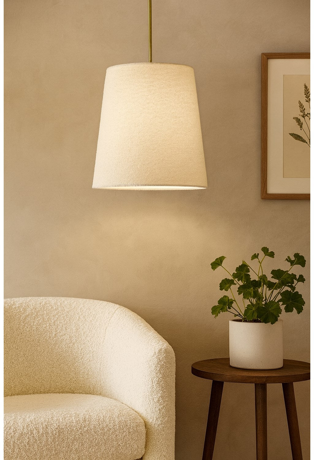 1 Light Incandescent Aged Brass Pendant With Boucle Fabric Shade