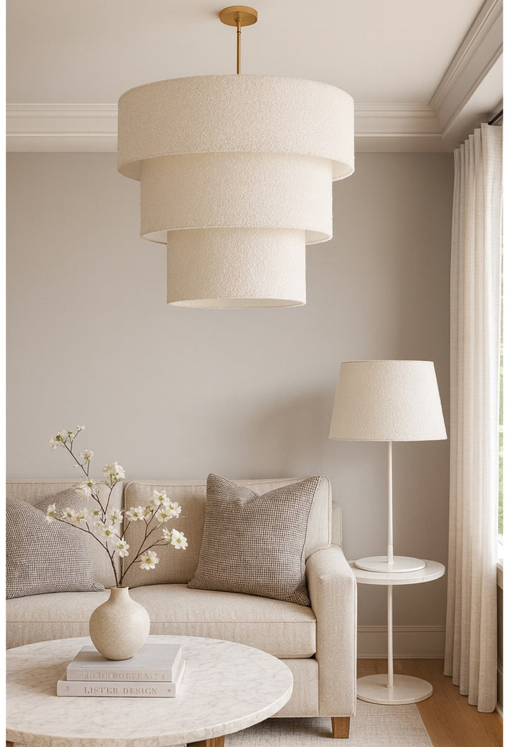 9 Light Incandescent Aged Brass Pendant With Boucle Fabric Shade
