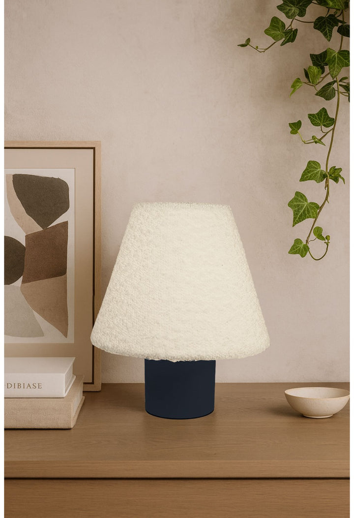1 Light Incandescent Matte Black Table Lamp With White Boucle Fabric Shade