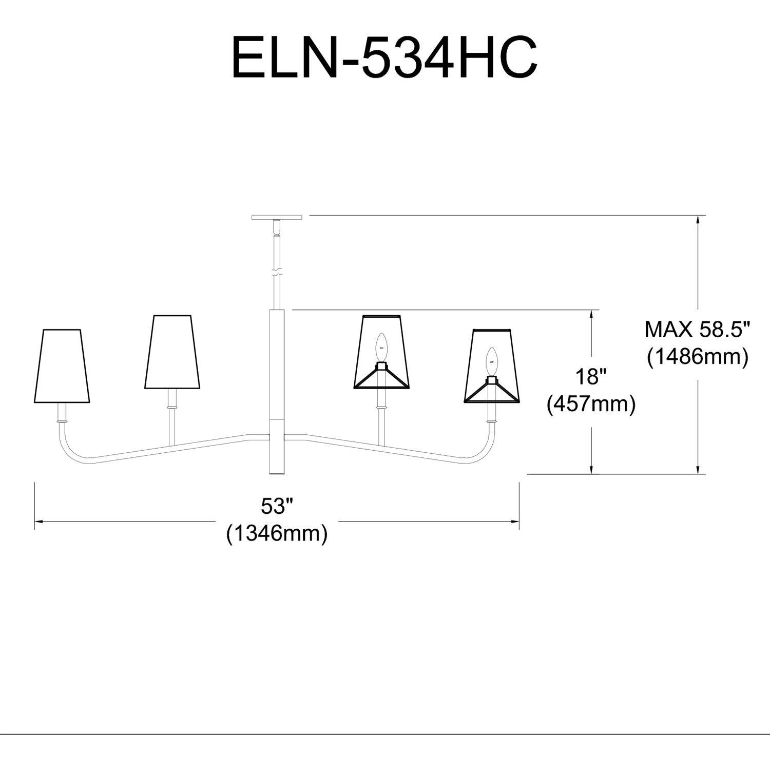 4 Light Incandescent Horizontal Chandelier, Matte Black