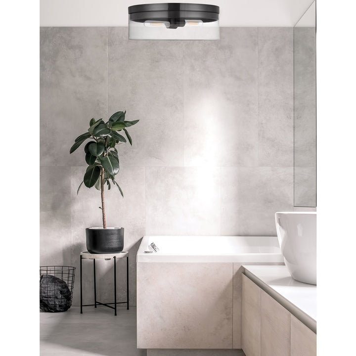 2 Light Incandescent Flush Mount Matte Black With Clear Glass