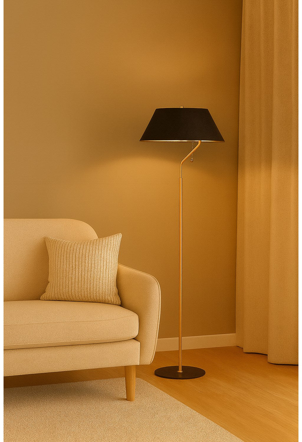 1 Light Aged Brass And Matte Black Floor Lamp With Black Shade