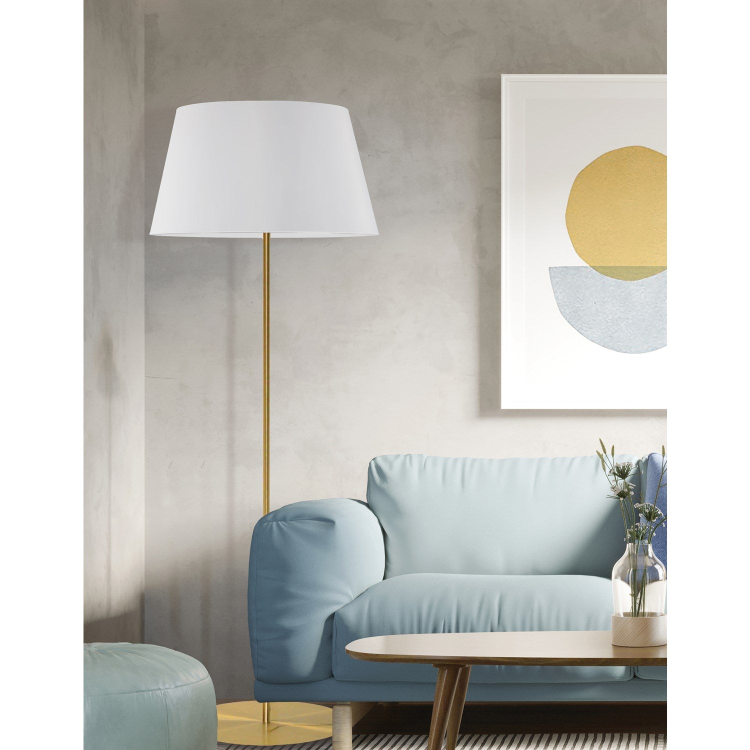 1 Light Incandescent Round Base Floor Lamp Aged Brass With White Shade
