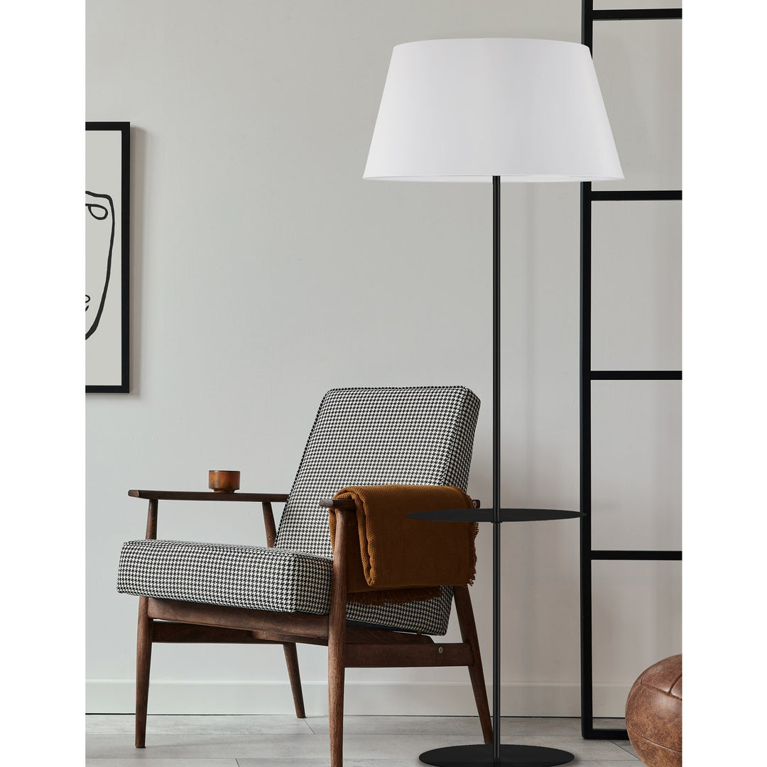 1 Light Incandescent Round Base Floor With Shelf Matte Black With White Shade