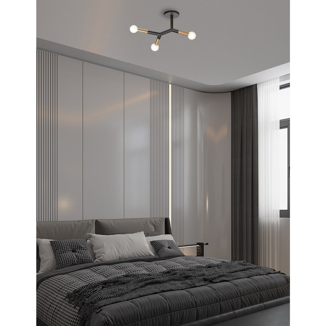 3 Light Semi Flush Mount, Matte Black & Aged Brass