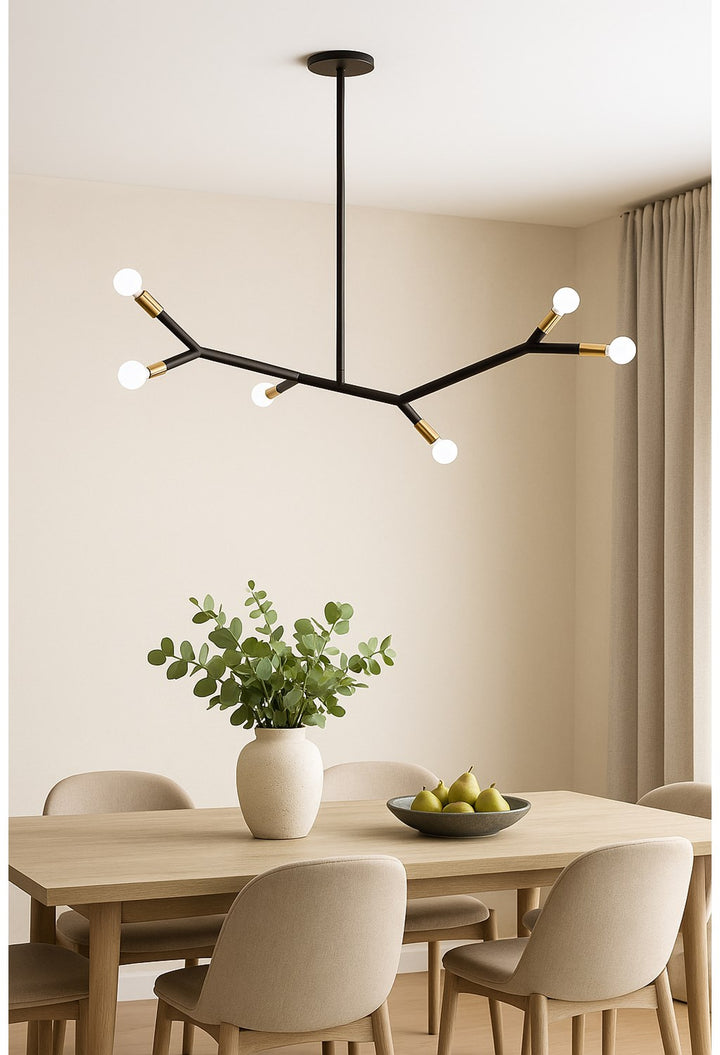 6 Light Horizontal Pendant In Matte Black And Aged Brass