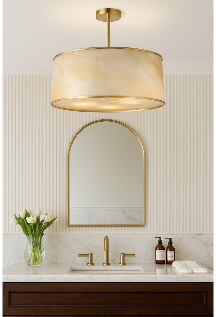 4 Light Incandescent Pendant, Aged Brass W/ Marble Alabaster
