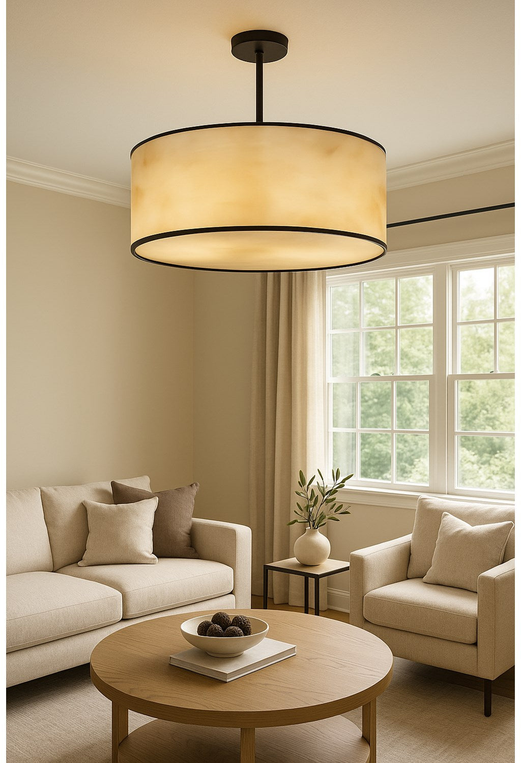 4 Light Incandescent Pendant, Matte Black W/Marble Alabaster Shade