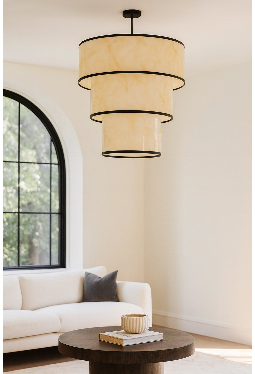 9 Light Incandescent Pendant, Matte Black W/Marble Alabaster Shade