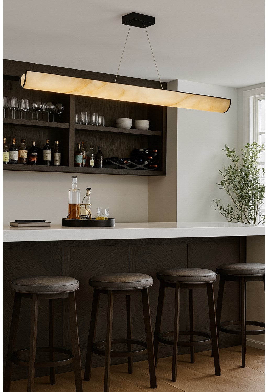 30W Horizontal Pendant, Matte Black W/ Marble Alabaster Shade