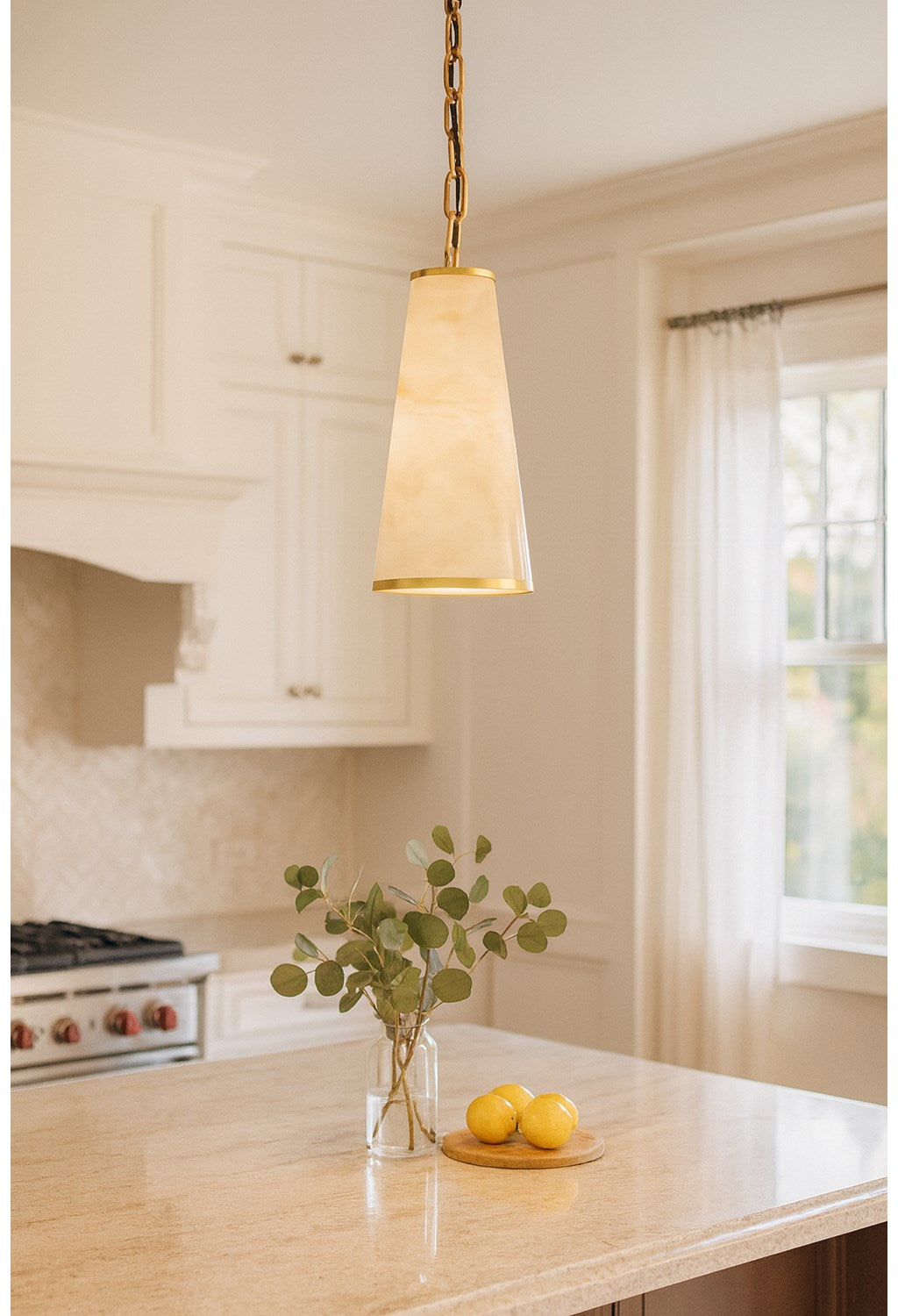 1 Light Incandescent Pendant, Aged Brass W/ Marble Alabaster Shade