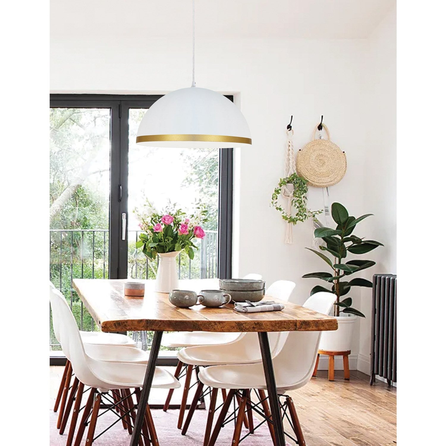 1 Light Incandescent Pendant Matte White With Gold Trim