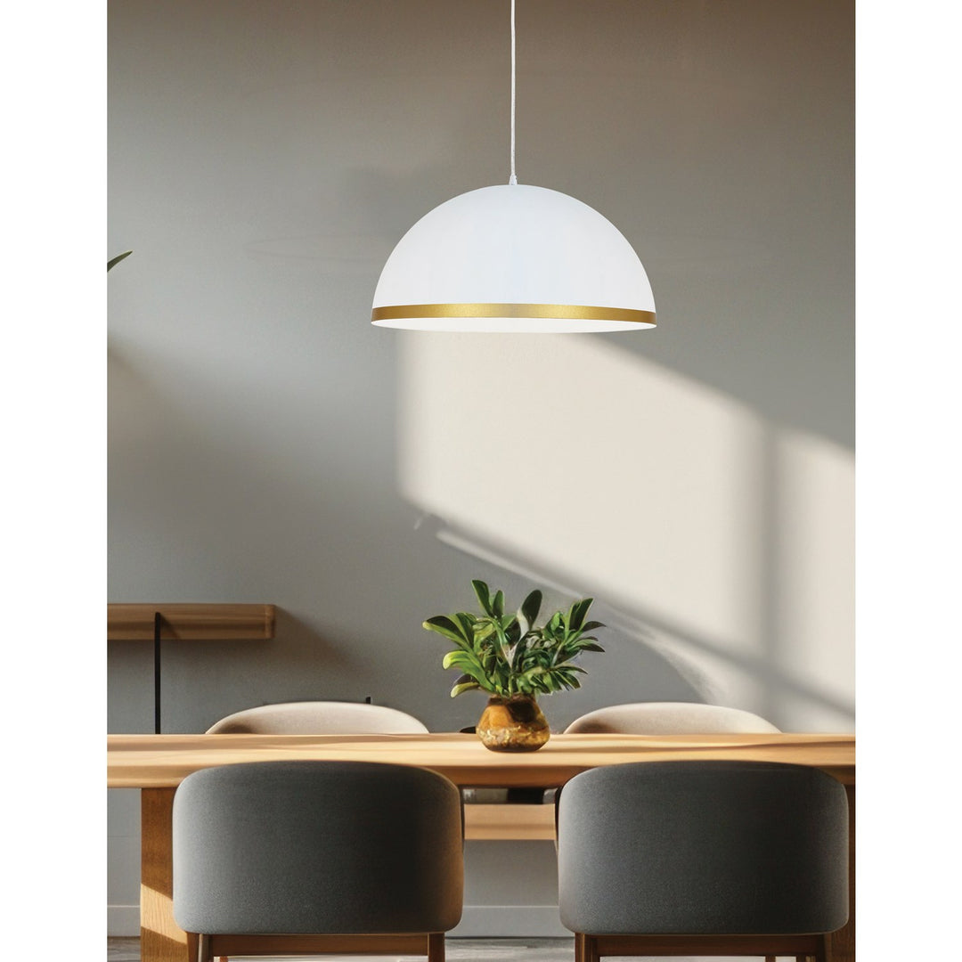 1 Light Incandescent Pendant Matte White With Gold Trim