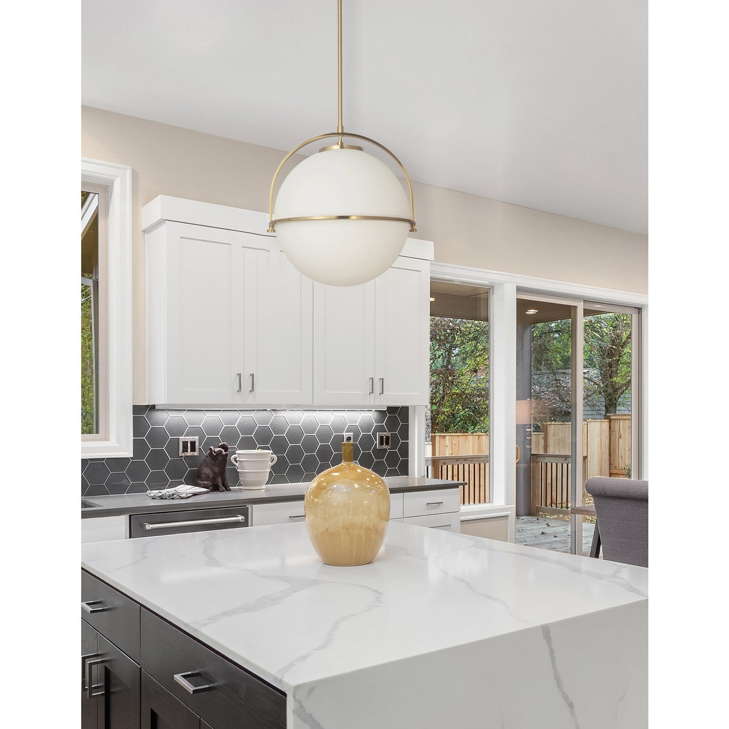 1 Light Incandescent Pendant Aged Brass With White Opal Glass