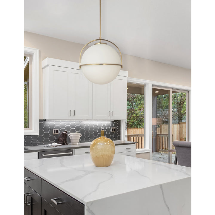 1 Light Incandescent Pendant Aged Brass With White Opal Glass