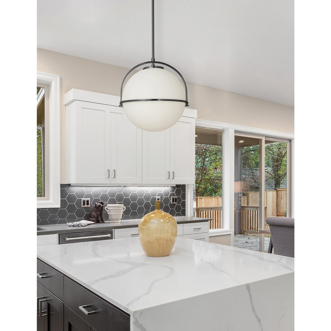 1 Light Incandescent Pendant Matte Black With White Opal Glass