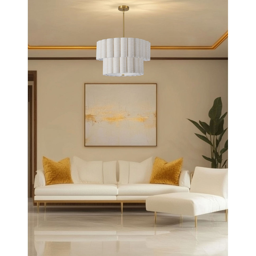 4 Light Aged Brass 2 Tier Pendant W/ Flax Scallop Shades