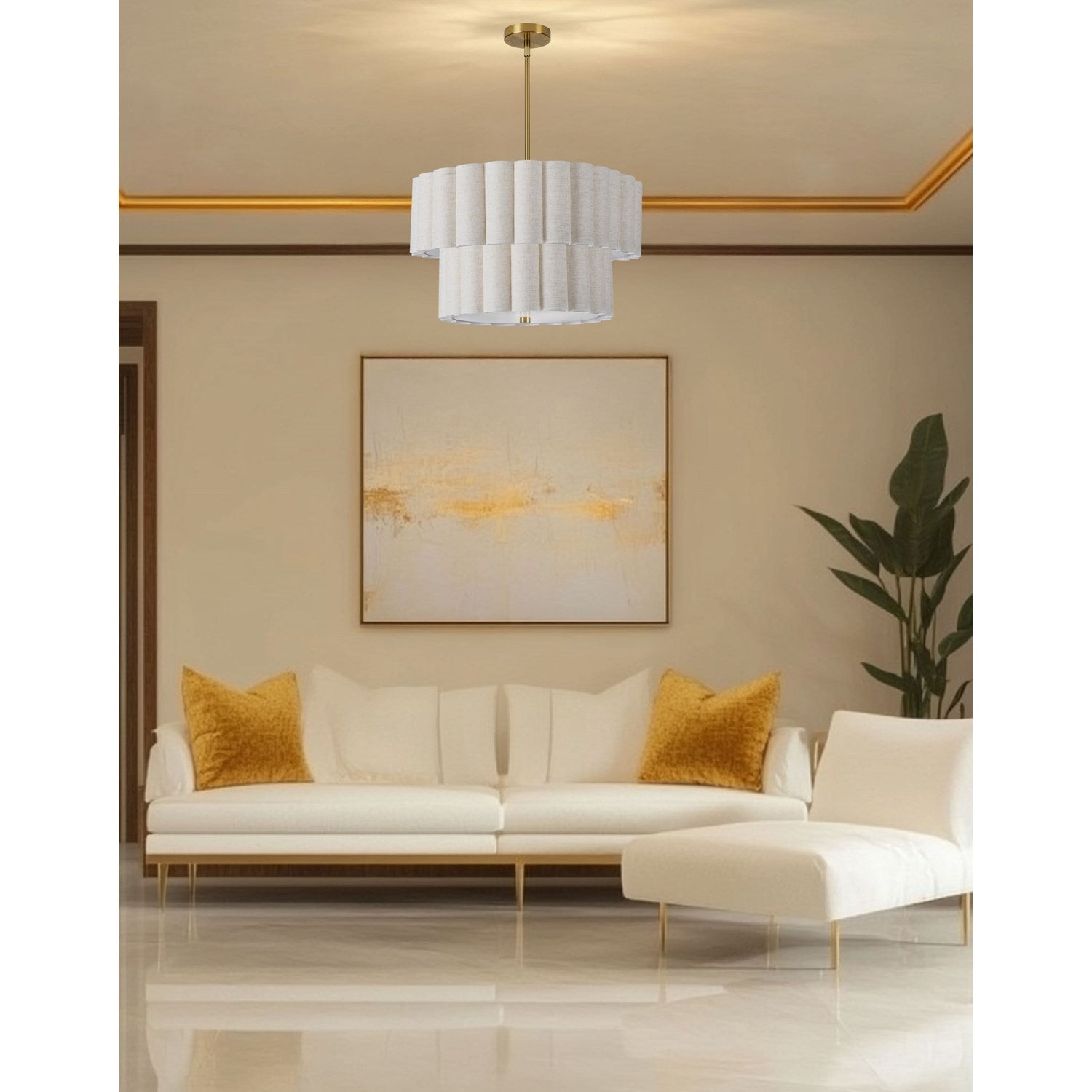 4 Light Aged Brass 2 Tier Pendant W/ Flax Scallop Shades