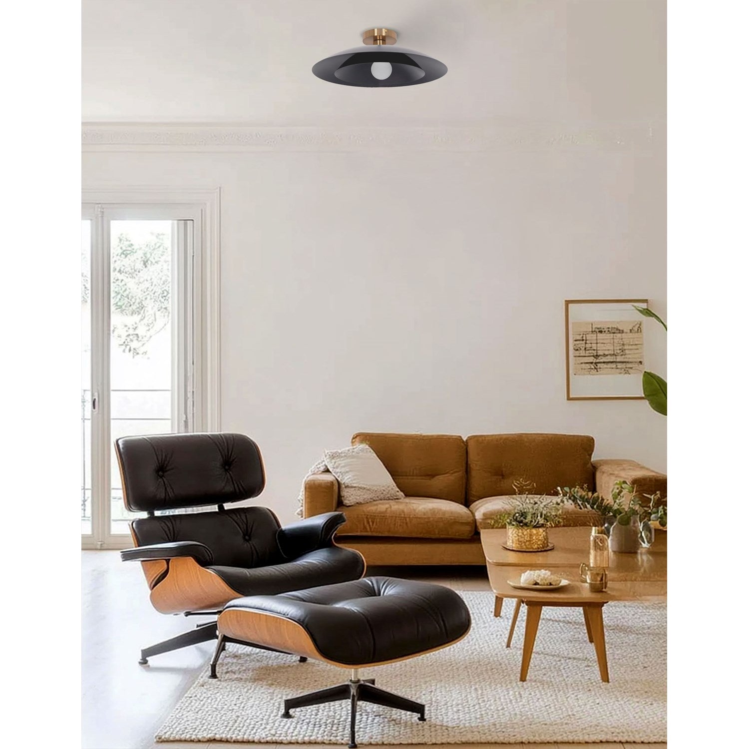 1 Light Semi-Flush Mount In Aged Brass W/ Matte Black Metal Shade