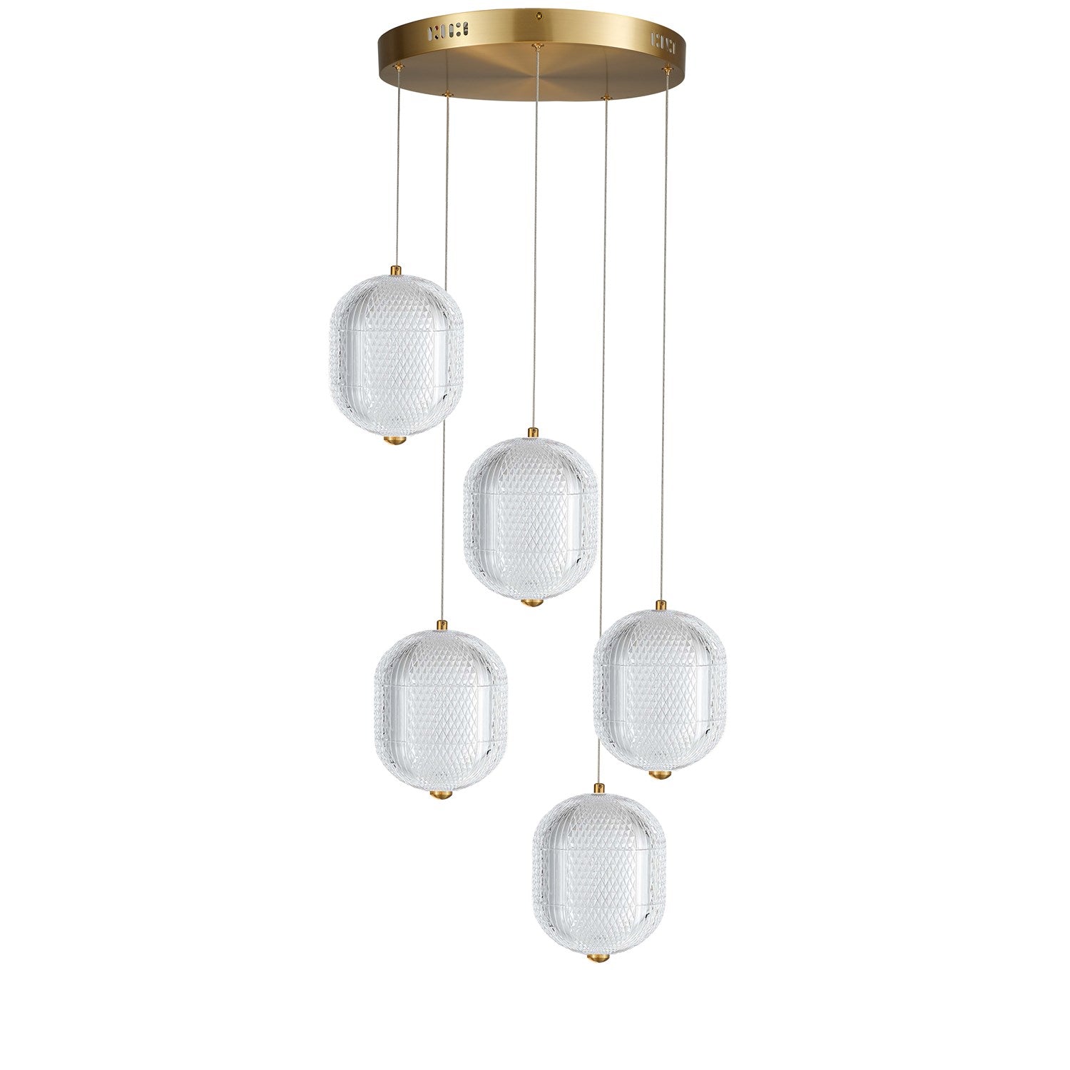 30W Multi Light Pendant In Aged Brass W/ Clear Pattern Acrylic by Dainolite