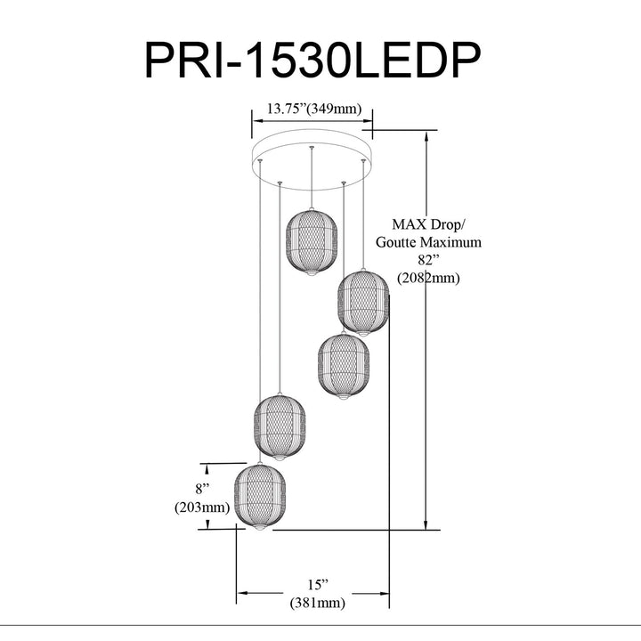 30W Multi Light Pendant In Matte Black W/ Clear Pattern Acrylic