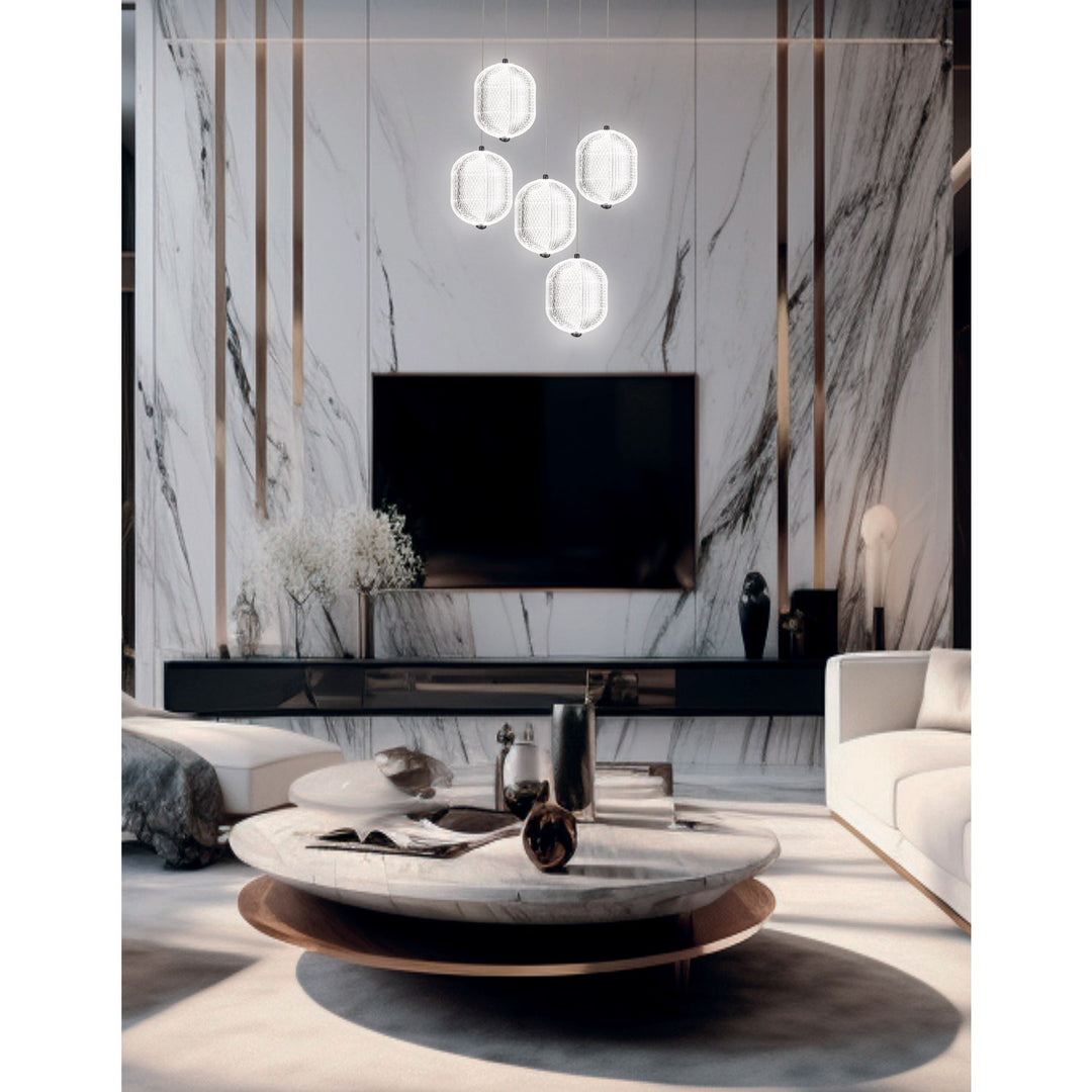 30W Multi Light Pendant In Matte Black W/ Clear Pattern Acrylic