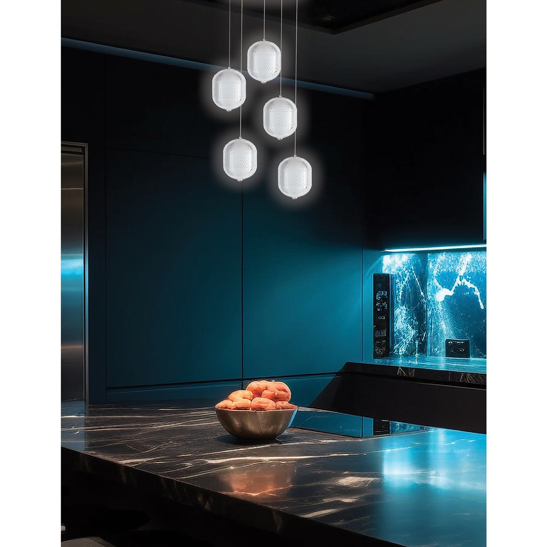 30W Multi Light Pendant In Polished Chrome W/ Clear Pattern Acrylic