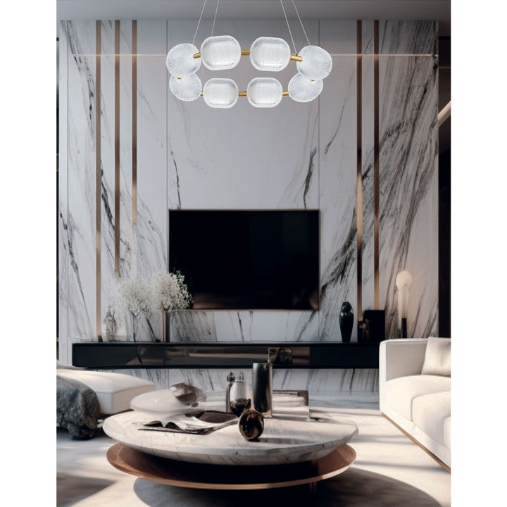 56W Chandelier In Aged Brass W/ Clear Pattern Acrylic