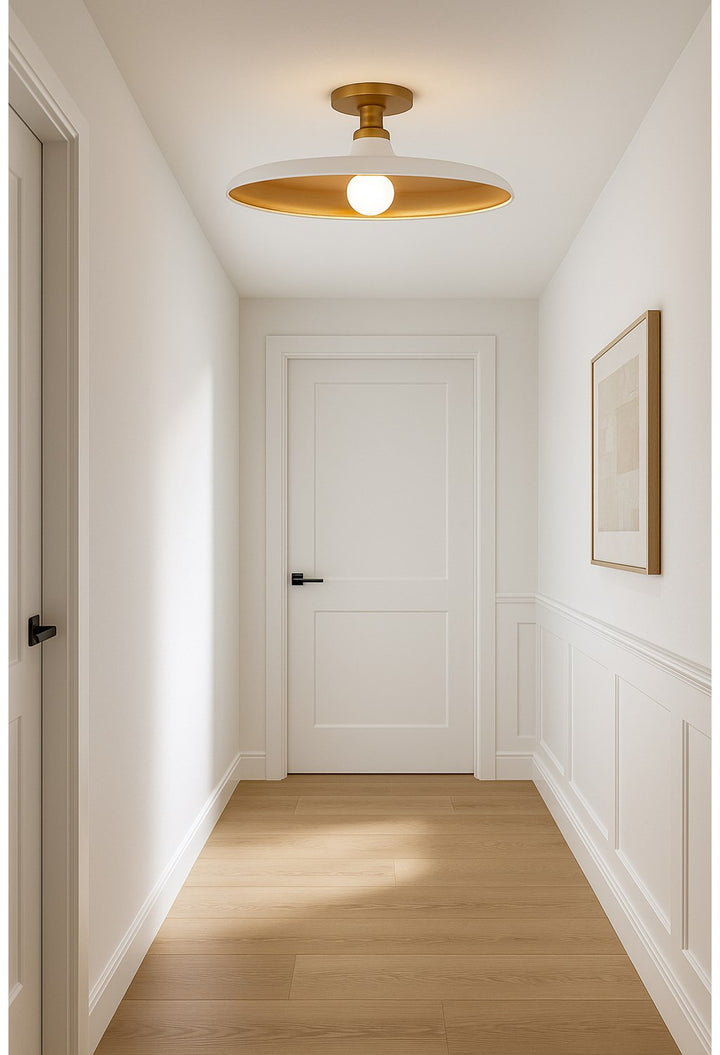 1 Light Semi-Flush Mount In Matte White And Aged Brass