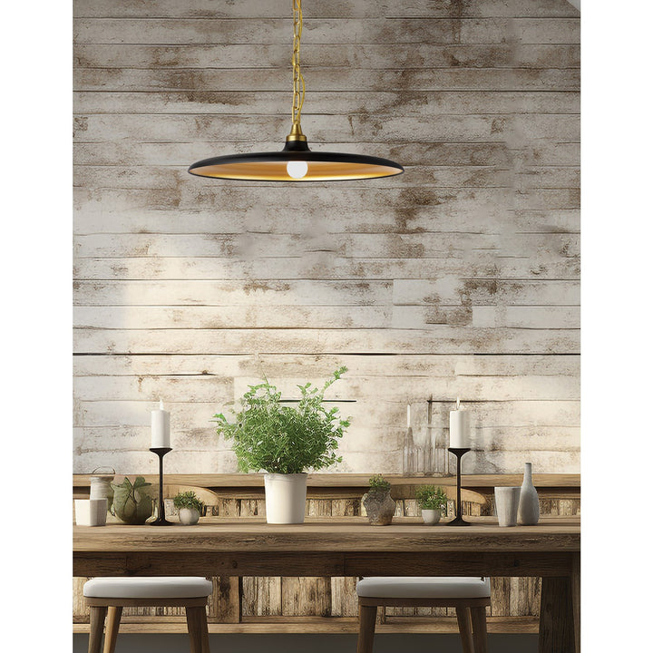 1 Light Pendant In Aged Brass W/ Matte Black & Gold Shade