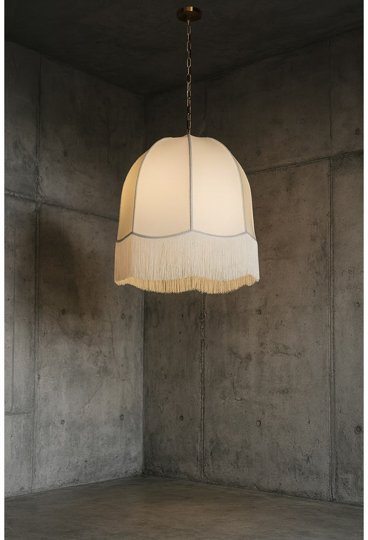 1 Light Incandescent Pendant, Aged Brass W/ White Fringe Shade