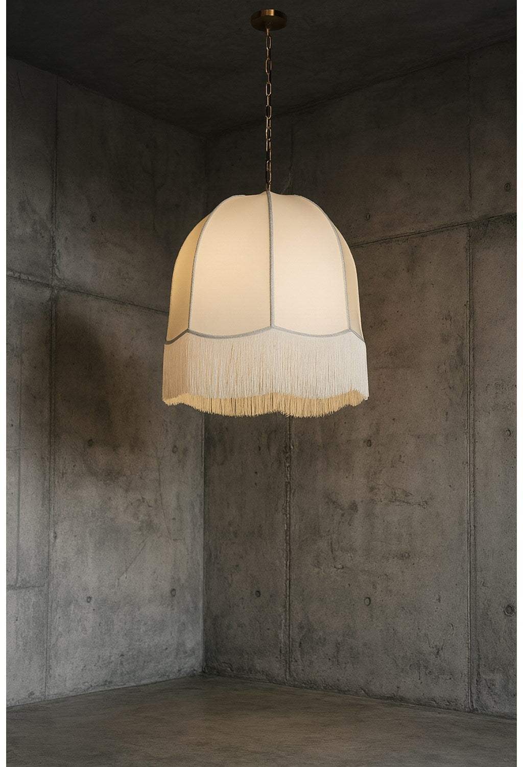 1 Light Incandescent Pendant, Aged Brass W/ White Fringe Shade