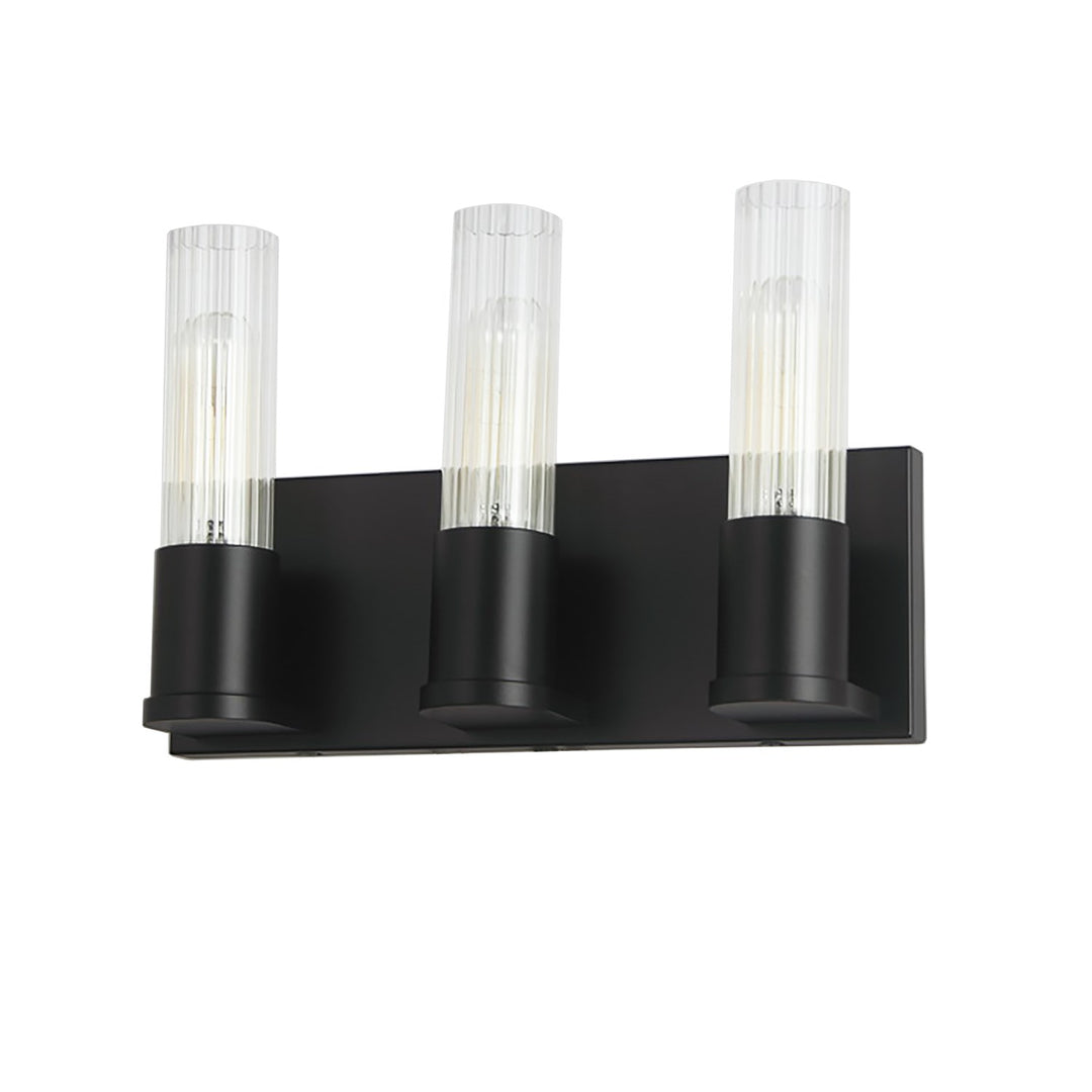3 Light Incandescent Vanity, Matte Black W/ Clear Fluted Glass by Dainolite