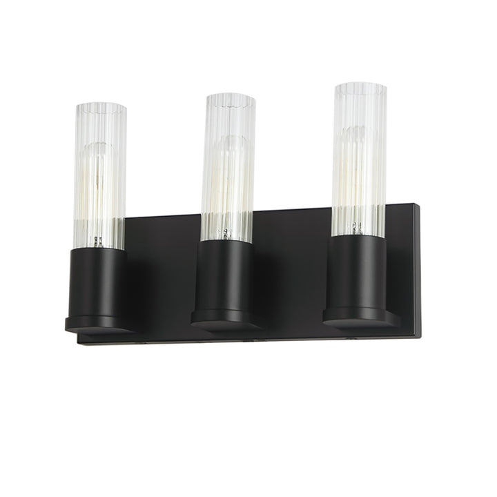 3 Light Incandescent Vanity, Matte Black W/ Clear Fluted Glass by Dainolite