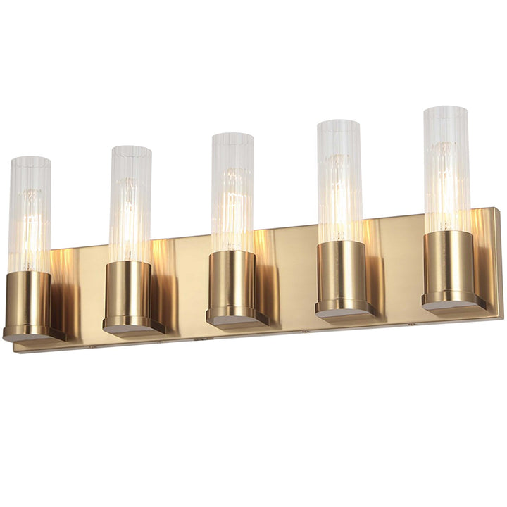 5 Light Incandescent Vanity, Aged Brass W/ Clear Fluted Glass by Dainolite
