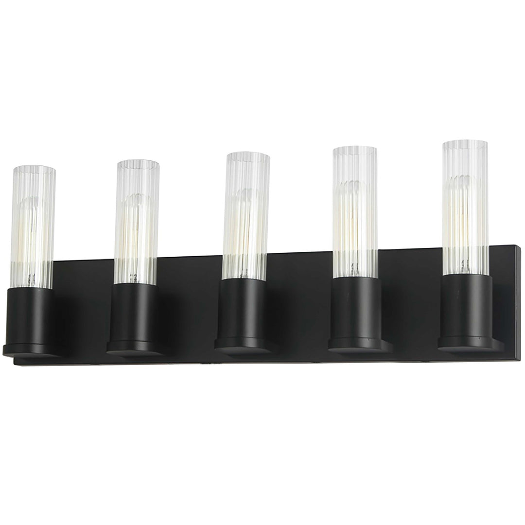 5 Light Incandescent Vanity, Matte Black W/ Clear Fluted Glass by Dainolite