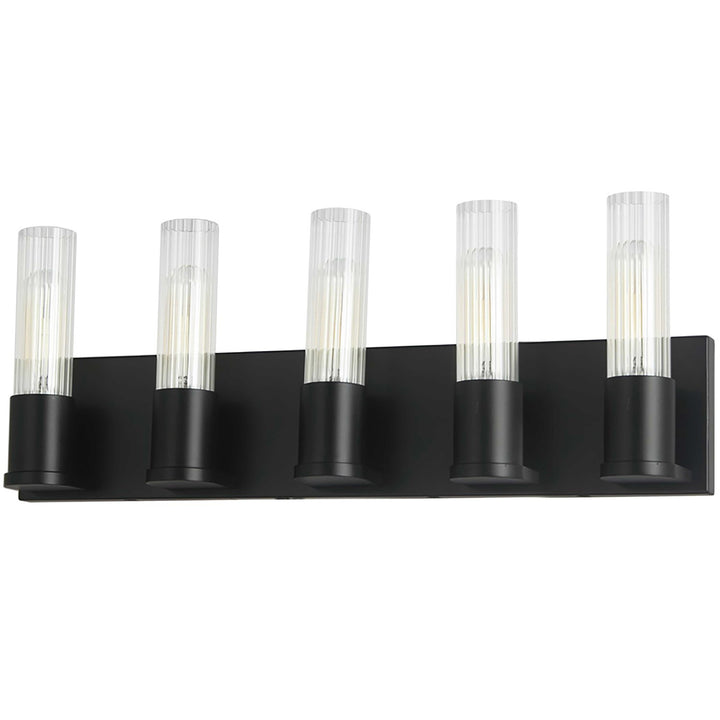 5 Light Incandescent Vanity, Matte Black W/ Clear Fluted Glass by Dainolite