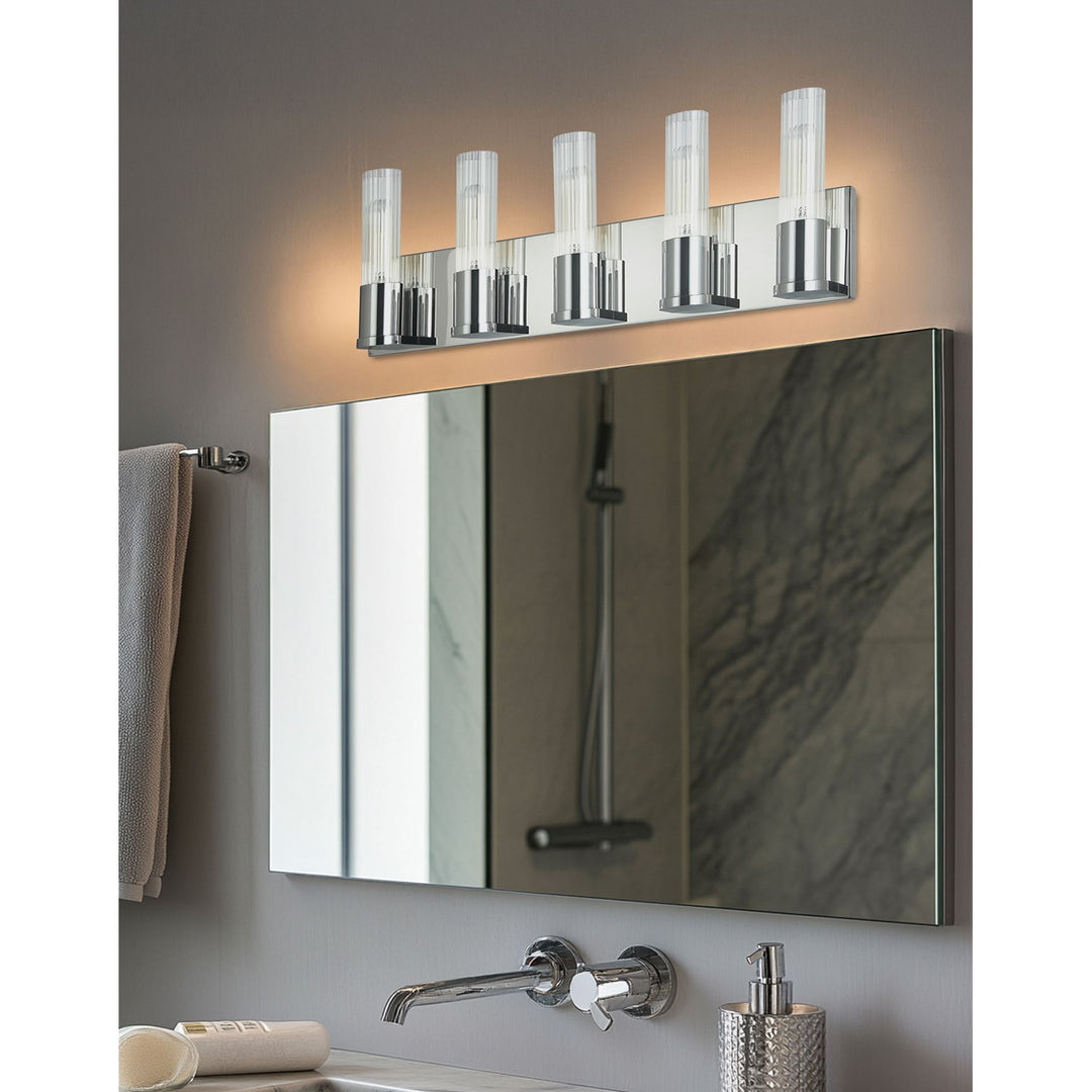 5 Light Incandescent Vanity, Polished Chrome W/ Clear Fluted Glass