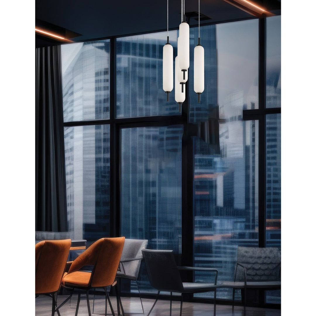 45W Matte Black Multi Light Pendant W/ White Opal Glass
