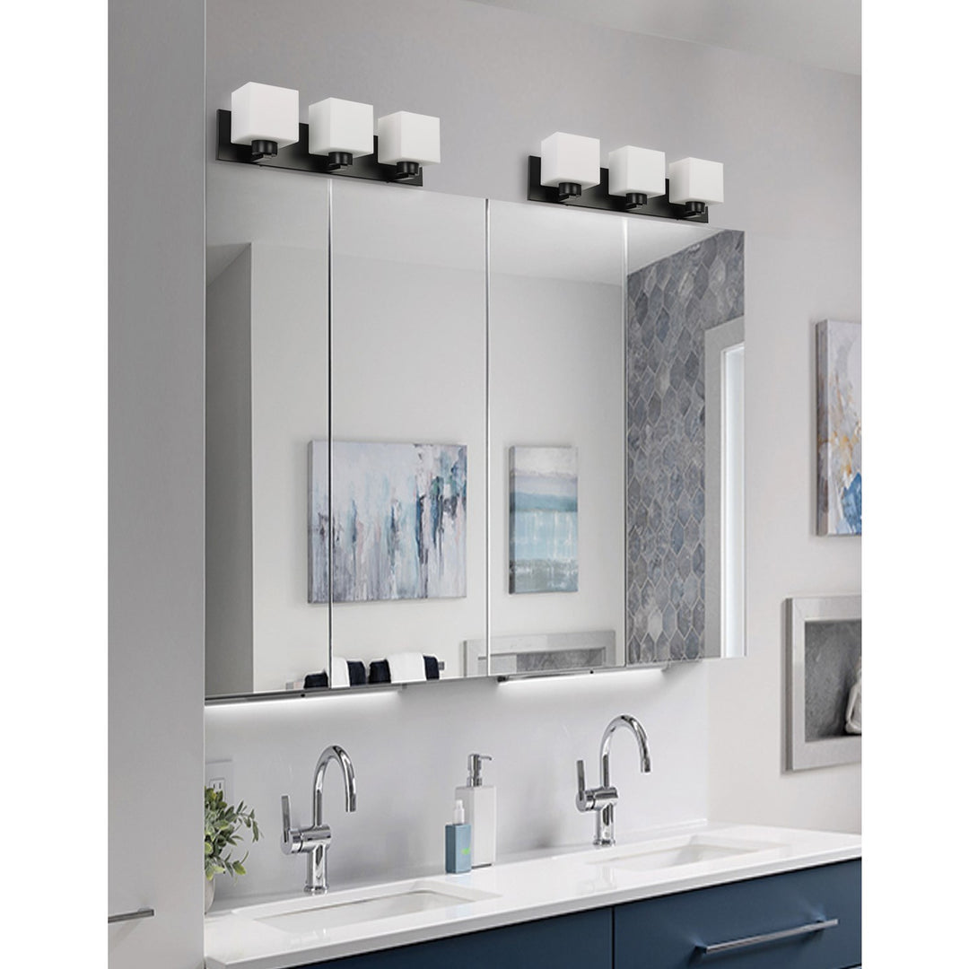 3 Light Vanity Matte Black With White Opal Glass