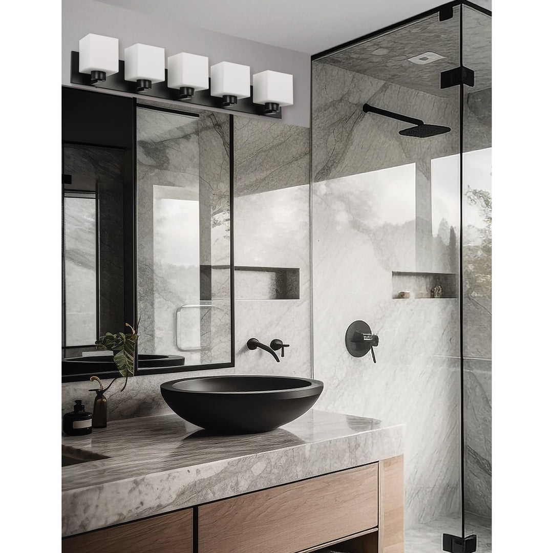 5 Light Vanity Matte Black With White Opal Glass