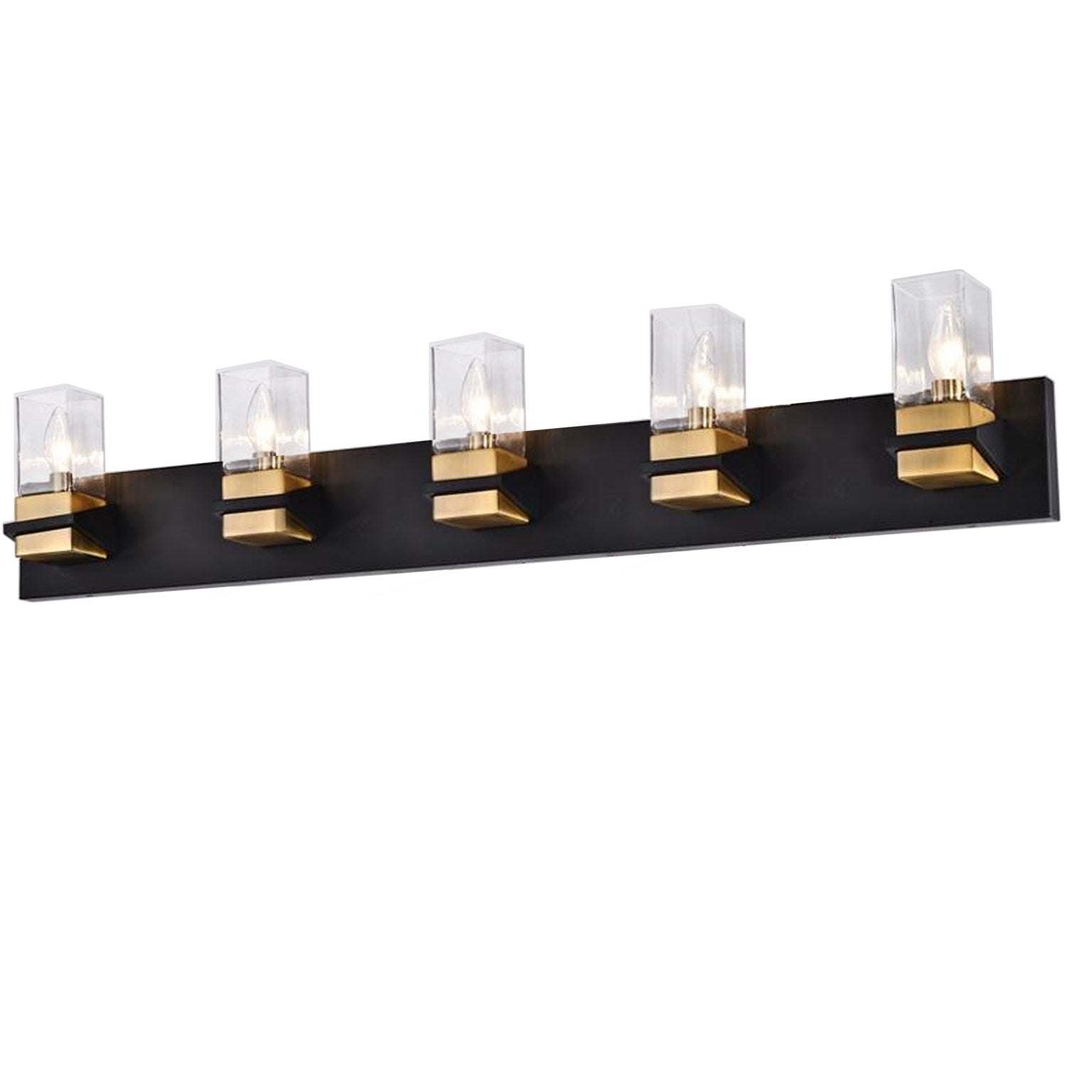 5 Light Incandescent Vanity, Matte Black & Aged Brass W/ Clear Glass by Dainolite