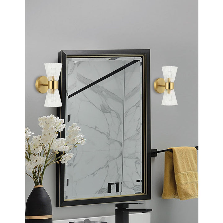 2 Light Incandescent Vanity Aged Brass With Clear Ribbed Glass