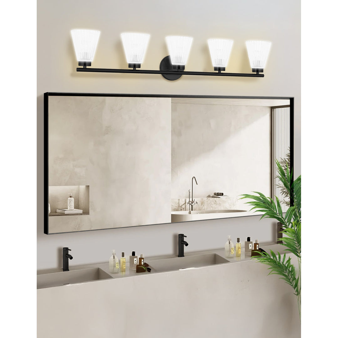 5 Light Incandescent Vanity Matte Black With Clear Ribbed Glass