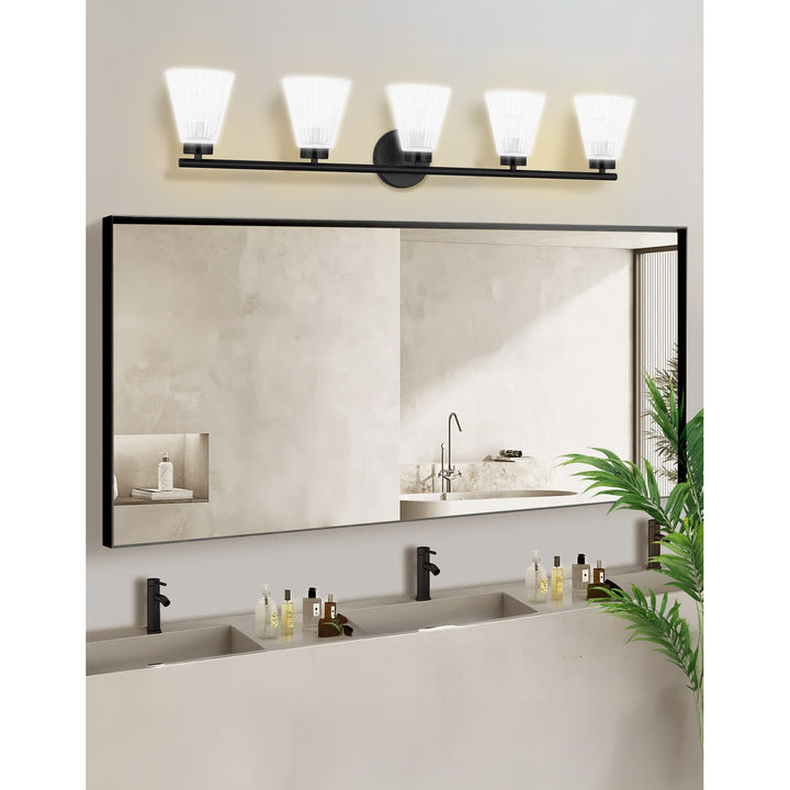 5 Light Incandescent Vanity Matte Black With Clear Ribbed Glass